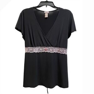 Vintage Julie's Closet USA Black Lace Trim Empire Waist Surplice Top 2X